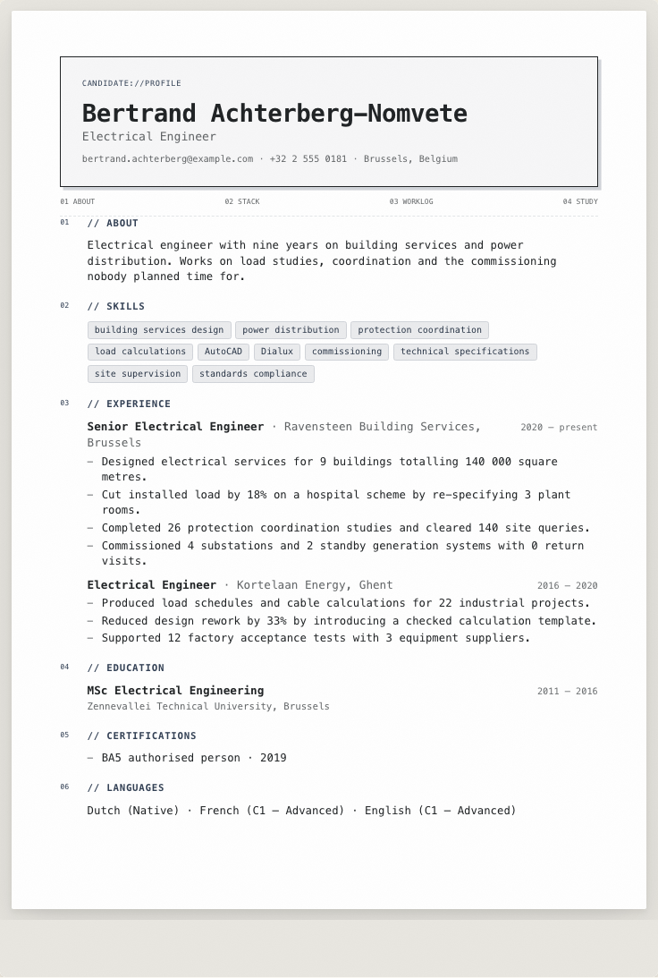 The electrical engineer example résumé drawn as a complete page in the Typewriter design: name, summary, the roles with their bullet lines, education and a skills row