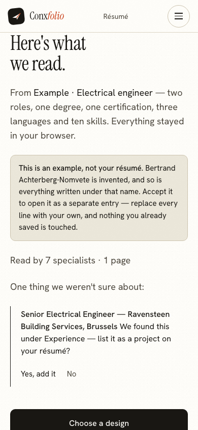 The same import review on a 390 pixel phone screen, with the example notice above the accept button