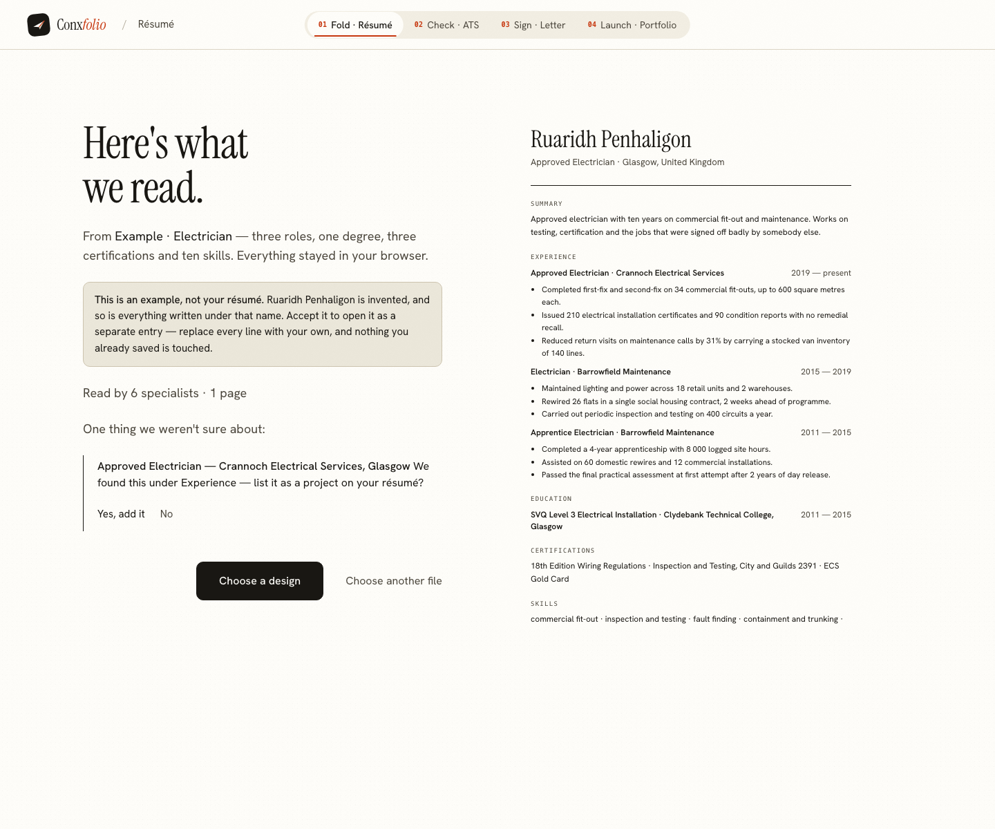 The Conxfolio import review after the door opened, showing Ruaridh Penhaligon's example read into fields beside the rendered page, with the line saying it is an example