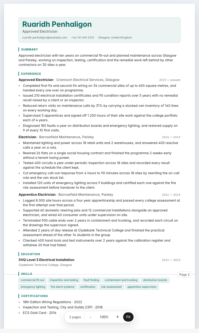 The electrician example résumé drawn as a complete page in the Nexus design: name, summary, three dated roles with five bullet lines each, education, certifications and a skills row