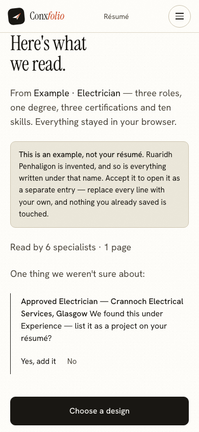 The same import review on a 390 pixel phone screen, with the example notice above the accept button