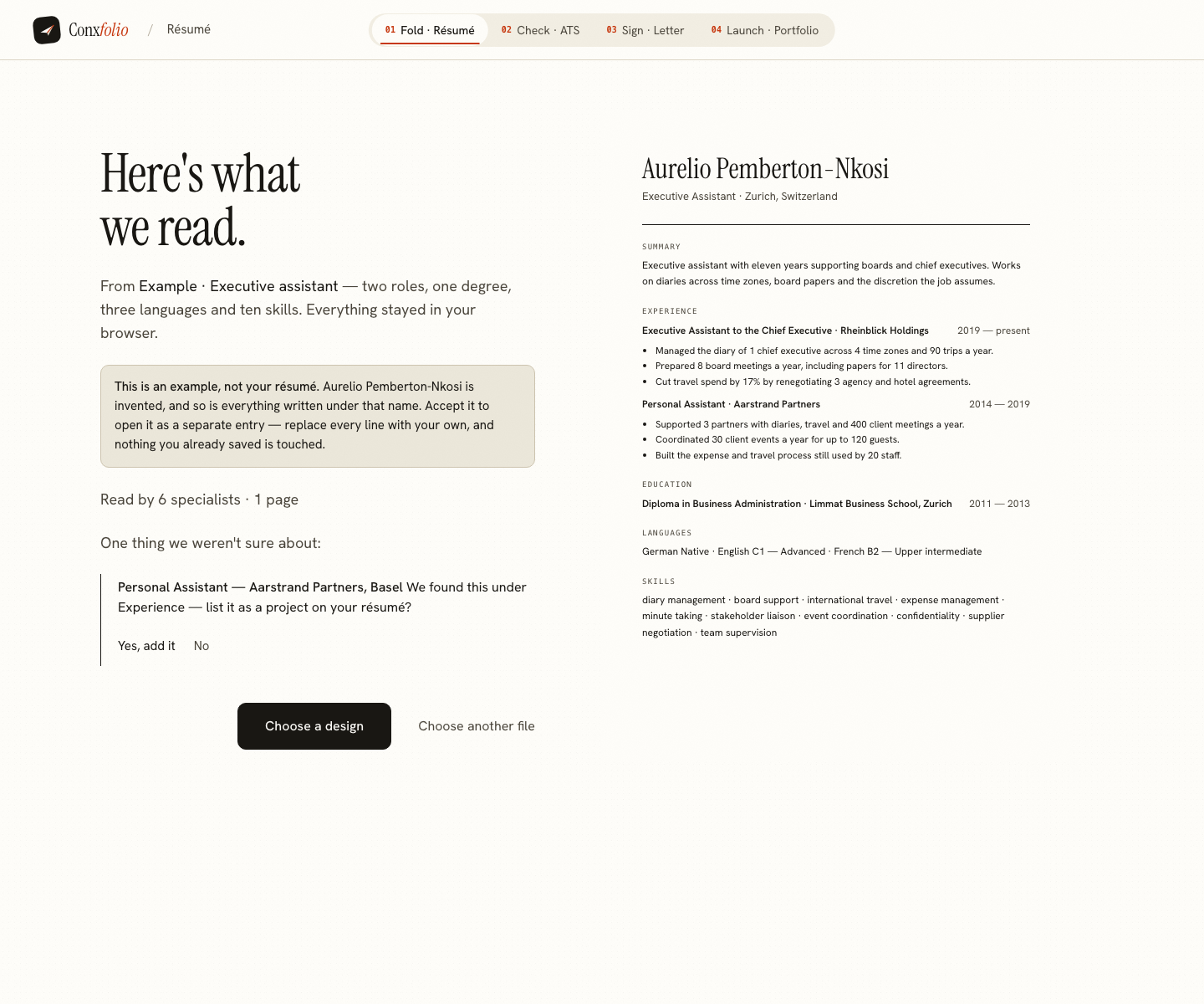The Conxfolio import review after the door opened, showing Aurelio Pemberton-Nkosi's example read into fields beside the rendered page, with the line saying it is an example