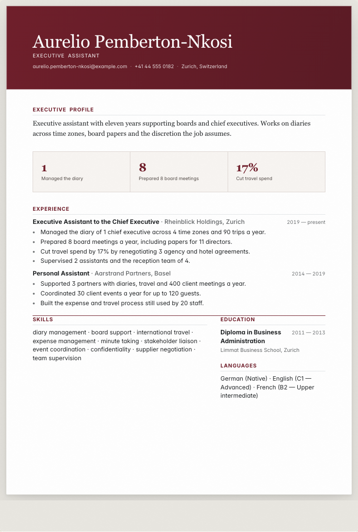 The executive assistant example résumé drawn as a complete page in the Imprint design: name, summary, the roles with their bullet lines, education and a skills row