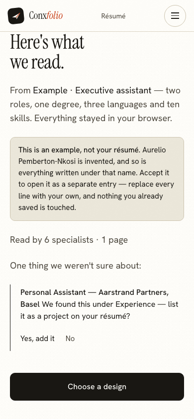 The same import review on a 390 pixel phone screen, with the example notice above the accept button