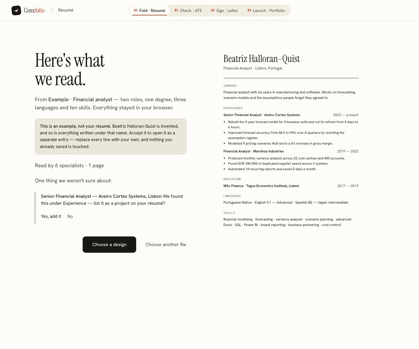 The Conxfolio import review after the door opened, showing Beatriz Halloran-Quist's example read into fields beside the rendered page, with the line saying it is an example