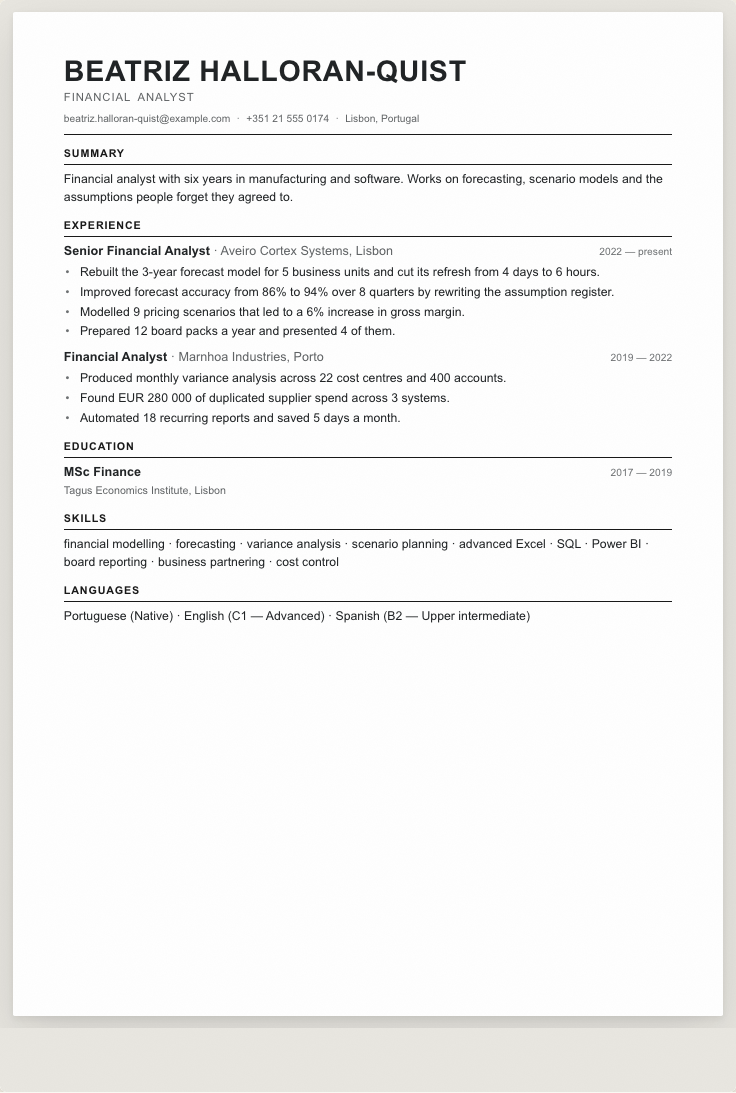 The financial analyst example résumé drawn as a complete page in the Classic design: name, summary, the roles with their bullet lines, education and a skills row