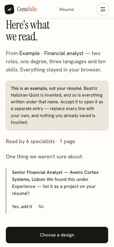 The same import review on a 390 pixel phone screen, with the example notice above the accept button