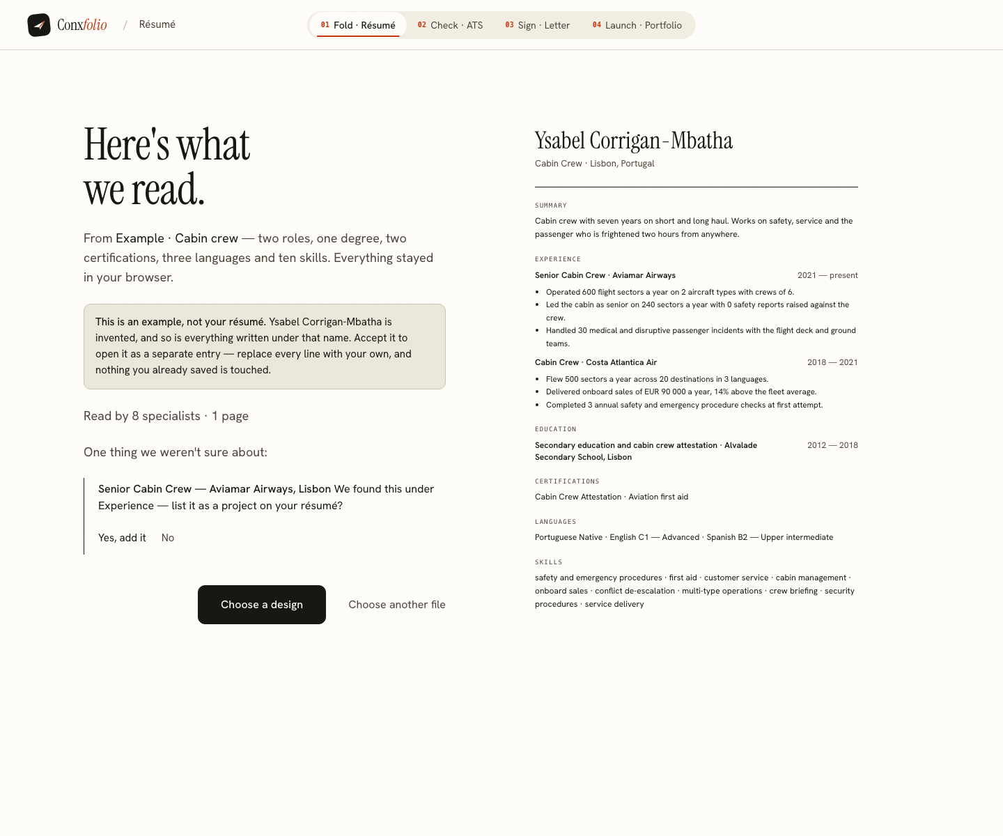 The Conxfolio import review after the door opened, showing Ysabel Corrigan-Mbatha's example read into fields beside the rendered page, with the line saying it is an example