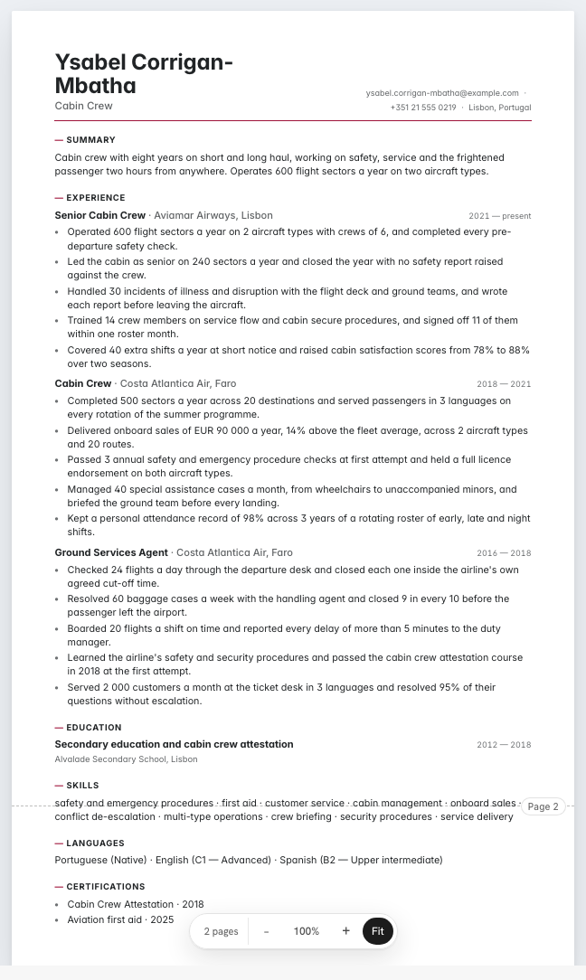 The cabin crew example résumé drawn as a complete page in the Bridge design: name, summary, three dated roles with five lines under each, education, skills, languages and certifications