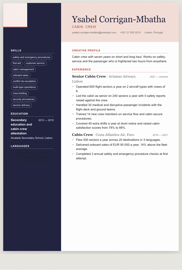 The cabin crew example résumé drawn as a complete page in the Studio design: name, summary, the roles with their bullet lines, education and a skills row