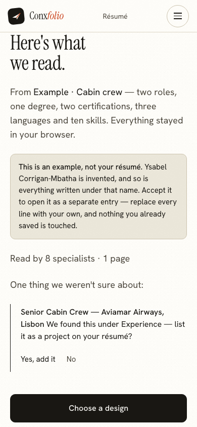 The same import review on a 390 pixel phone screen, with the example notice above the accept button