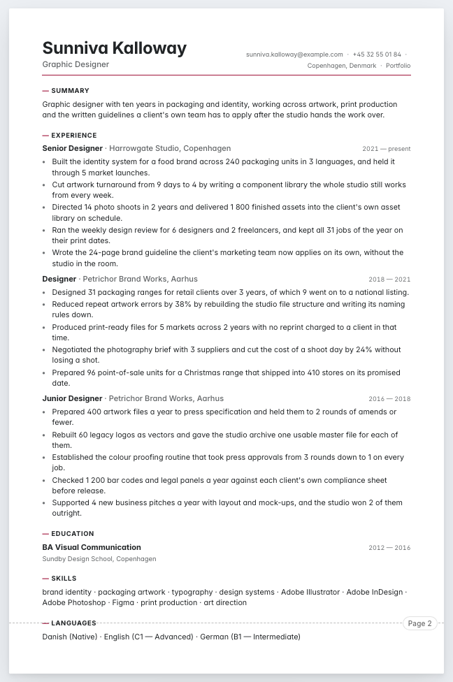 The graphic designer example résumé drawn as a complete page in the Bridge design: name, summary, three dated roles with five bullet lines each, education and a skills row