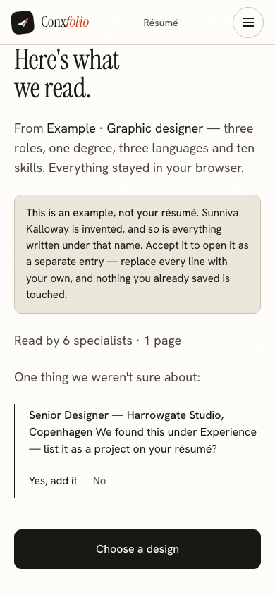 The same import review on a 390 pixel phone screen, with the example notice above the accept button
