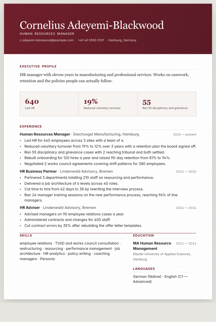 The hr manager example résumé drawn as a complete page in the Imprint design: name, summary, the roles with their bullet lines, education and a skills row