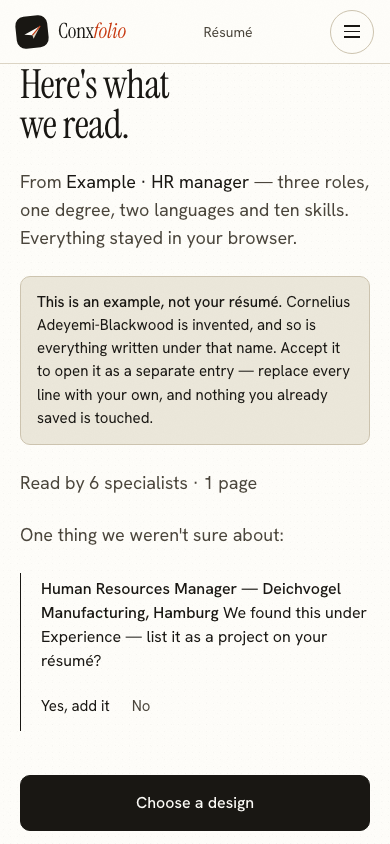 The same import review on a 390 pixel phone screen, with the example notice above the accept button