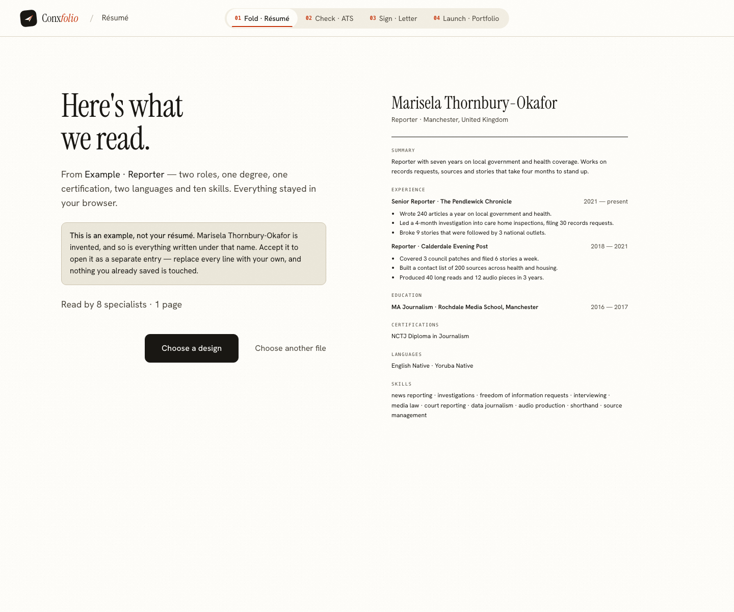 The Conxfolio import review after the door opened, showing Marisela Thornbury-Okafor's example read into fields beside the rendered page, with the line saying it is an example