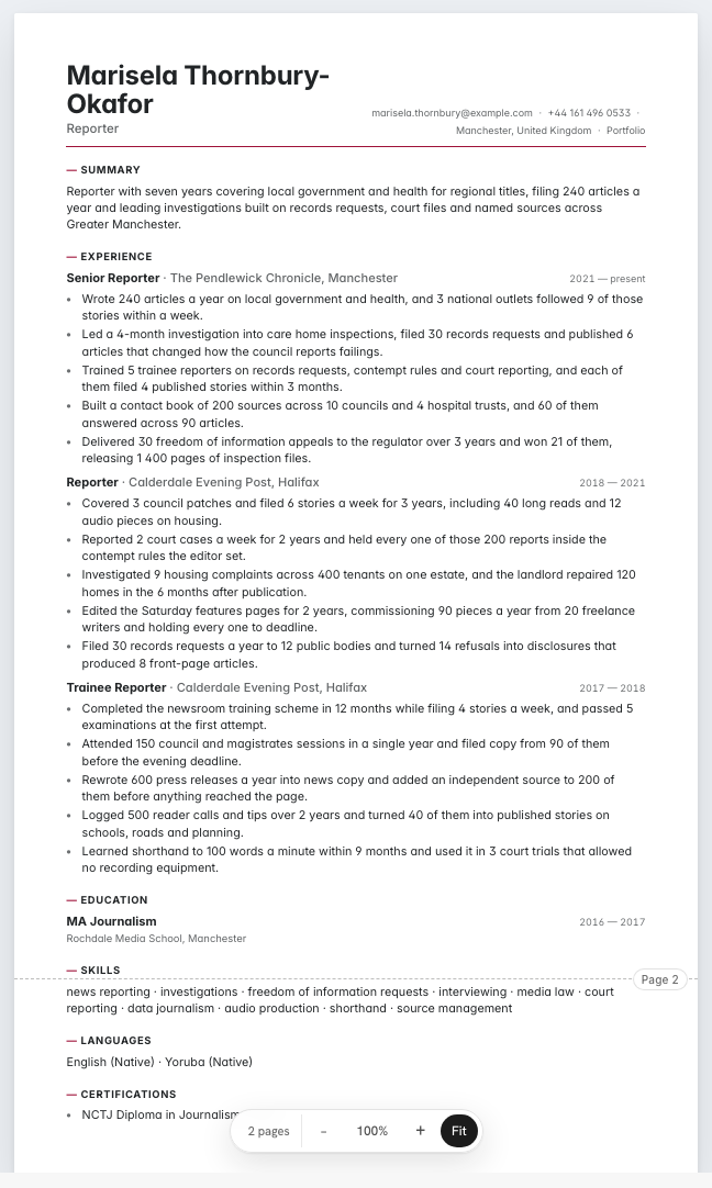 The reporter example résumé drawn as a complete page in the Bridge design: name, summary, three dated roles with five achievement lines each, education, skills and languages