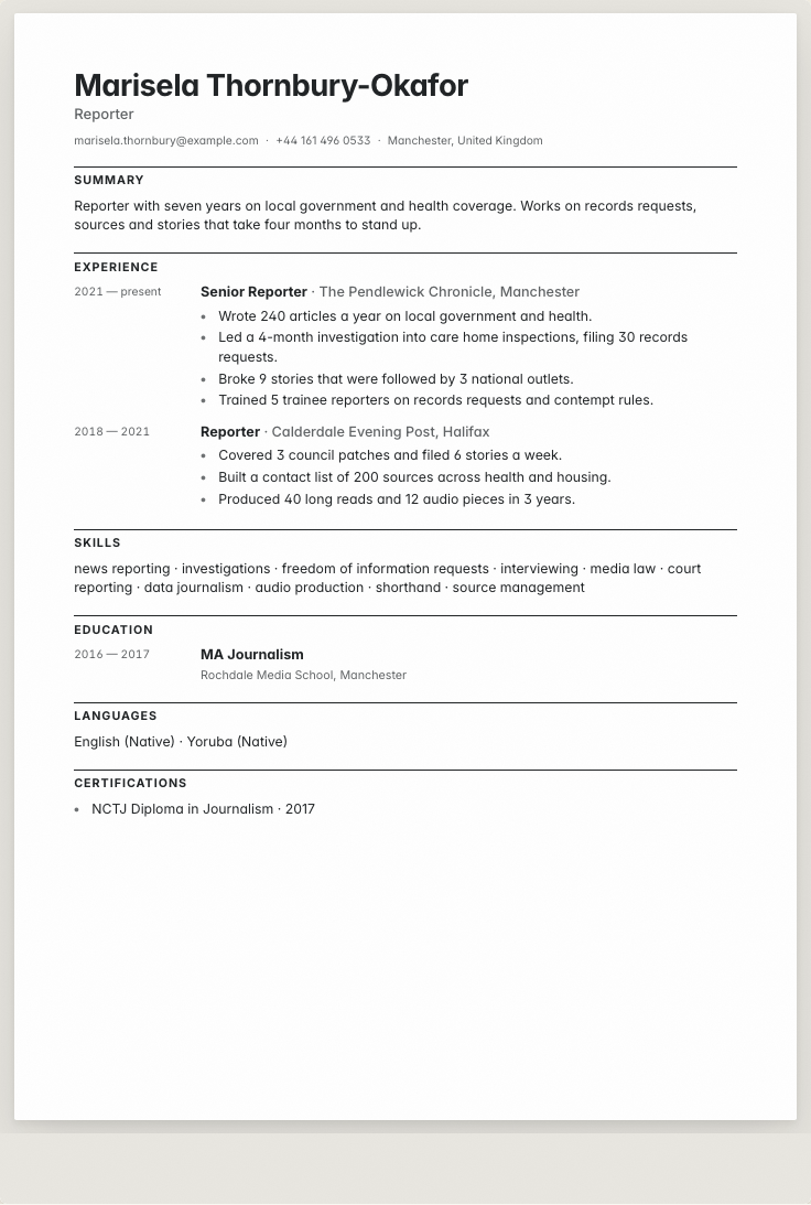 The reporter example résumé drawn as a complete page in the Ledger design: name, summary, the roles with their bullet lines, education and a skills row