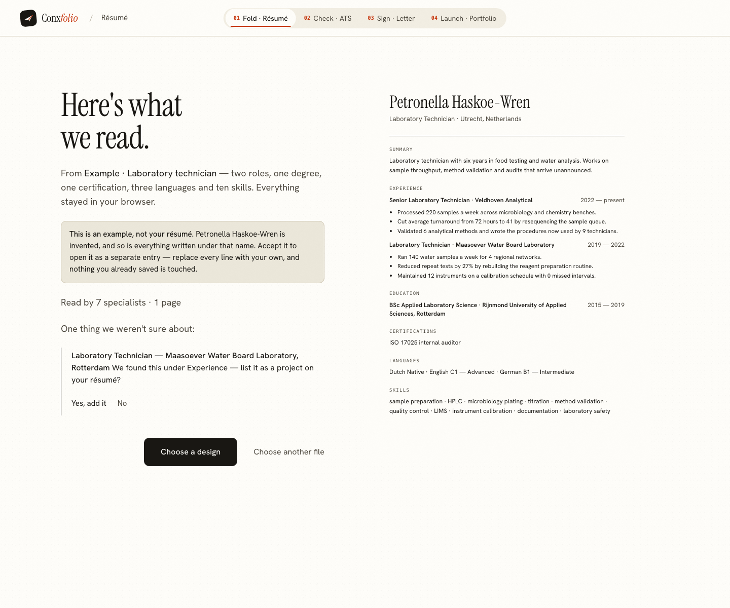 The Conxfolio import review after the door opened, showing Petronella Haskoe-Wren's example read into fields beside the rendered page, with the line saying it is an example
