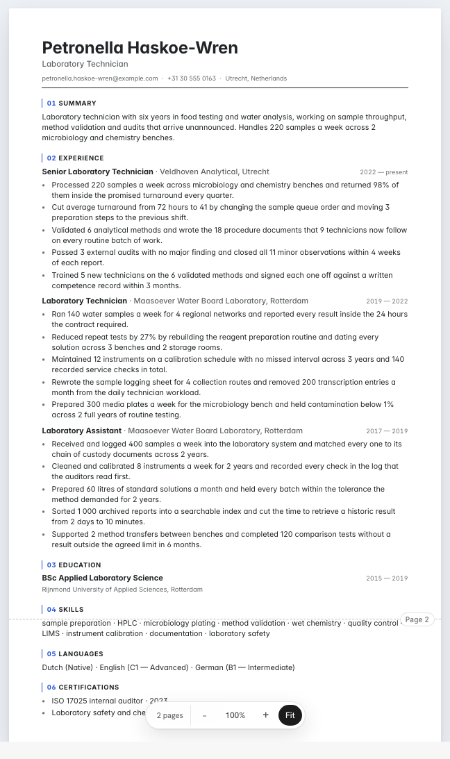 The laboratory technician example résumé drawn as a complete page in the Architect design: name, summary, three dated roles with five lines under each, education, skills, languages