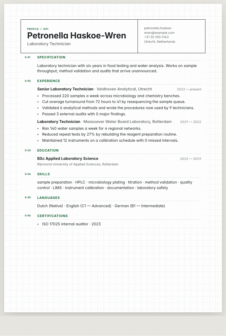 The laboratory technician example résumé drawn as a complete page in the Gridline design: name, summary, the roles with their bullet lines, education and a skills row