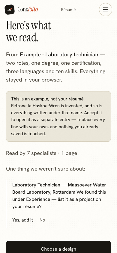 The same import review on a 390 pixel phone screen, with the example notice above the accept button