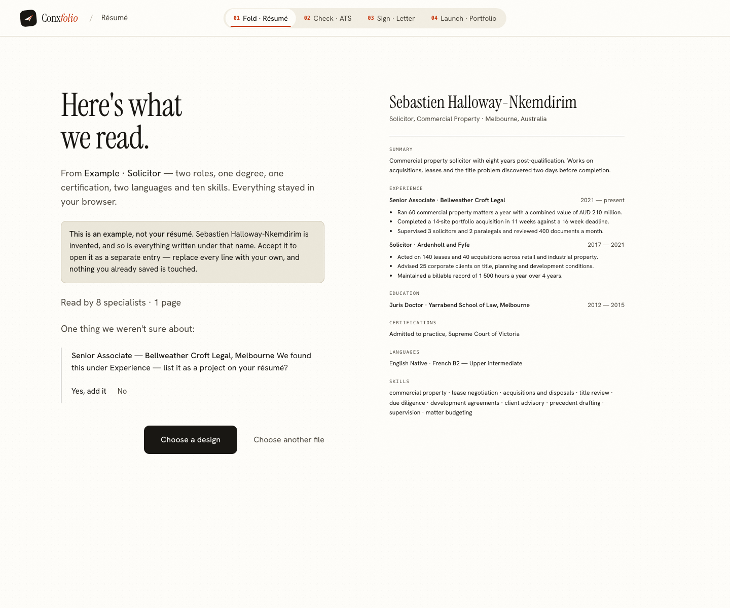 The Conxfolio import review after the door opened, showing Sebastien Halloway-Nkemdirim's example read into fields beside the rendered page, with the line saying it is an example