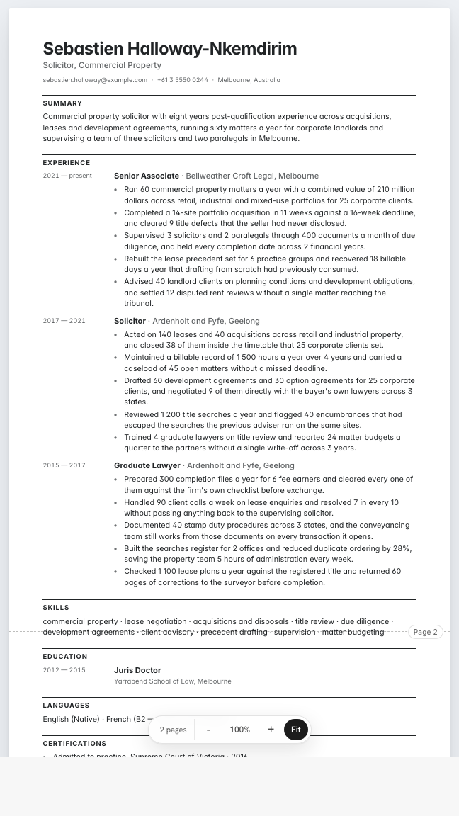 The solicitor example résumé drawn as a complete page in the Ledger design: name, summary, three dated roles with five achievement lines each, education, skills and two certifications