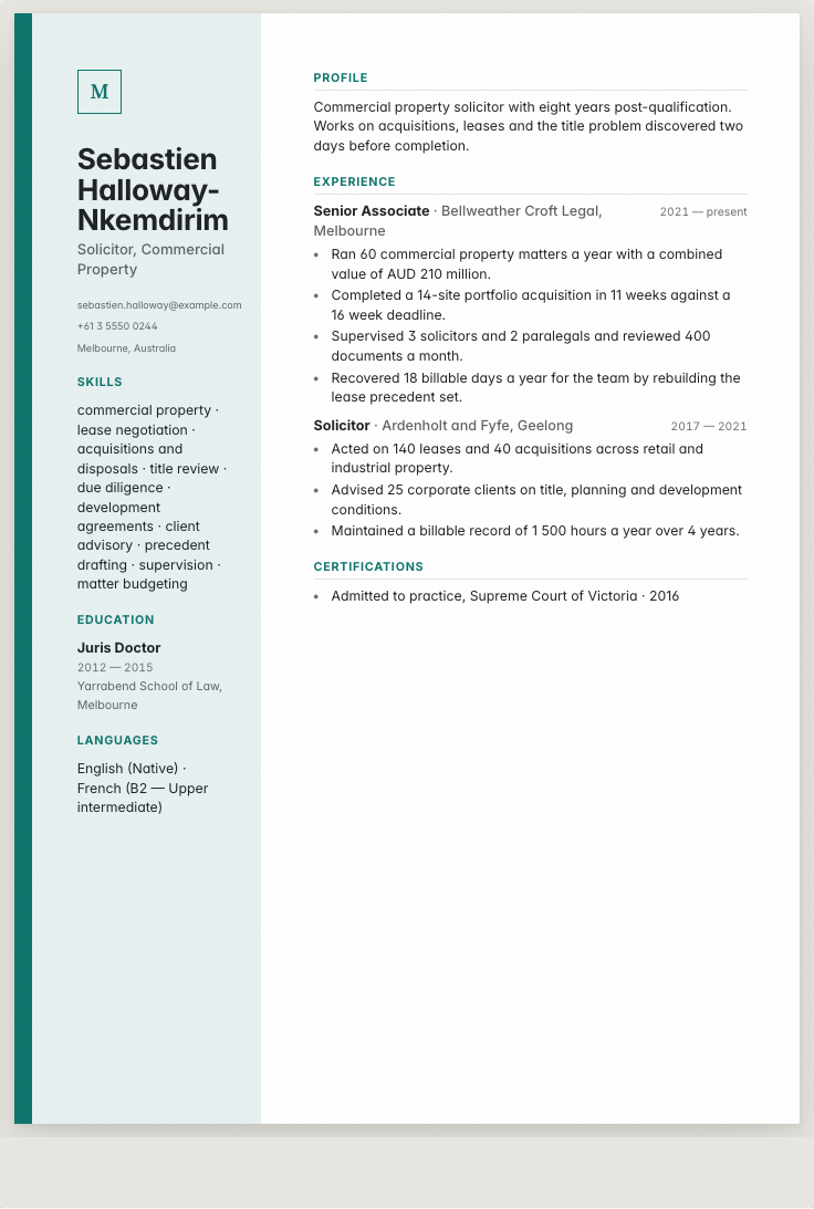 The solicitor example résumé drawn as a complete page in the Meridian design: name, summary, the roles with their bullet lines, education and a skills row