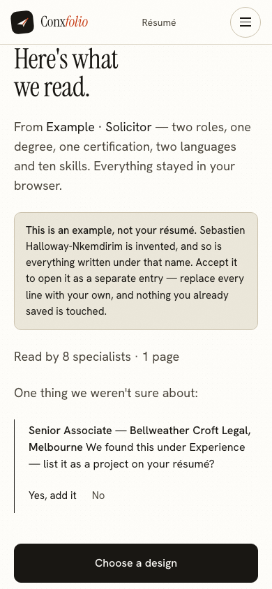 The same import review on a 390 pixel phone screen, with the example notice above the accept button