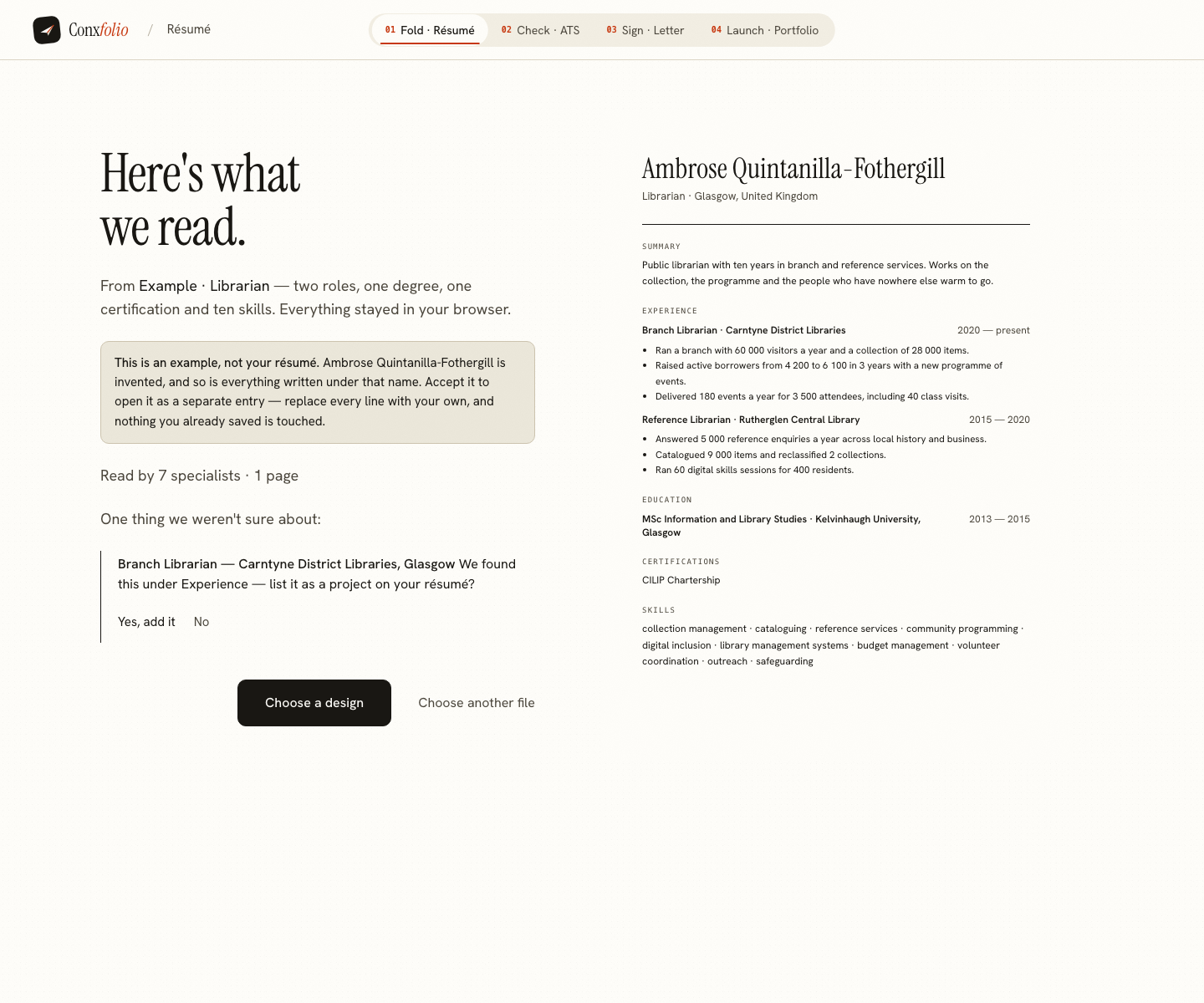 The Conxfolio import review after the door opened, showing Ambrose Quintanilla-Fothergill's example read into fields beside the rendered page, with the line saying it is an example