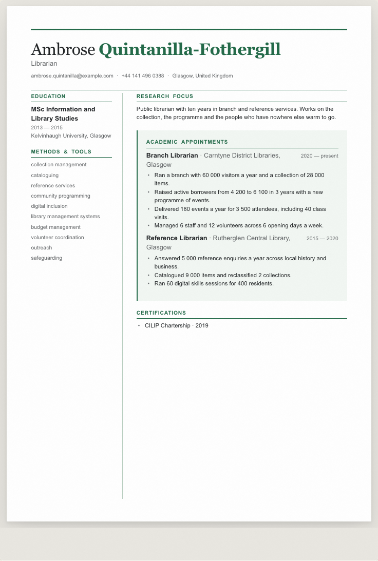 The librarian example résumé drawn as a complete page in the Research design: name, summary, the roles with their bullet lines, education and a skills row