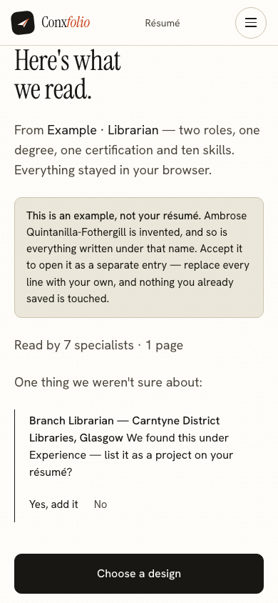The same import review on a 390 pixel phone screen, with the example notice above the accept button