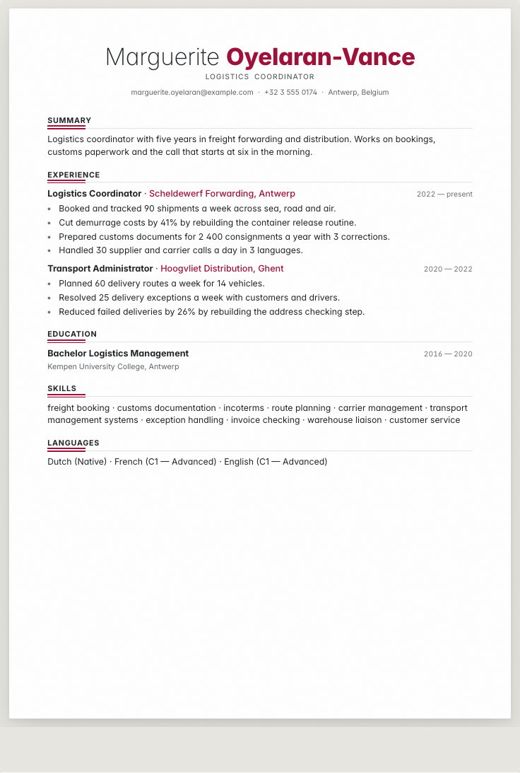 The logistics coordinator example résumé drawn as a complete page in the Rubric design: name, summary, the roles with their bullet lines, education and a skills row