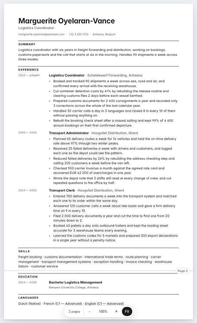 The logistics coordinator example résumé drawn as a complete page in the Ledger design: name, summary, three dated roles with five lines under each, education, languages and a skills row