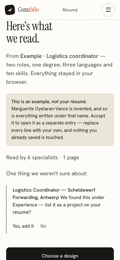 The same import review on a 390 pixel phone screen, with the example notice above the accept button