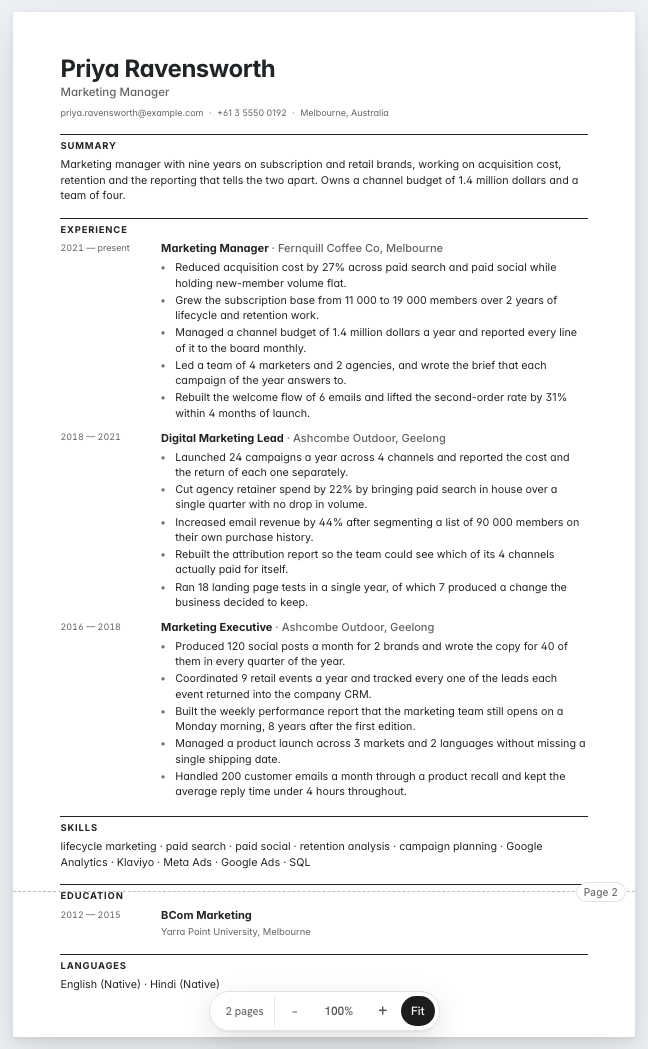 The marketing manager example résumé drawn as a complete page in the Ledger design: name, summary, three dated roles with five bullet lines each, education and a skills row