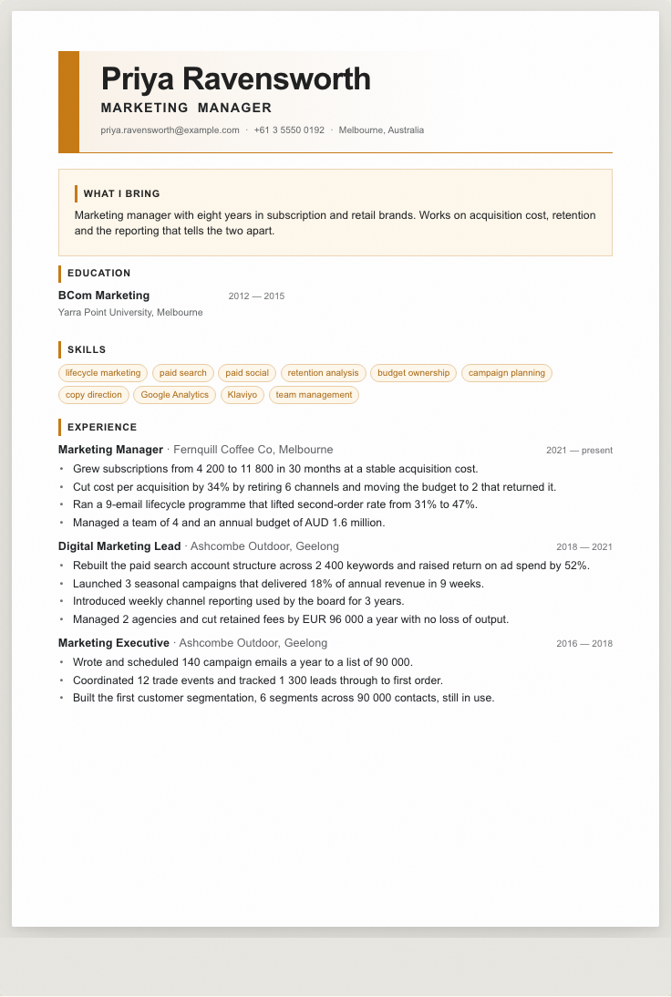 The marketing manager example résumé drawn as a complete page in the Launch design: name, summary, the roles with their bullet lines, education and a skills row