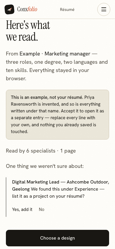 The same import review on a 390 pixel phone screen, with the example notice above the accept button