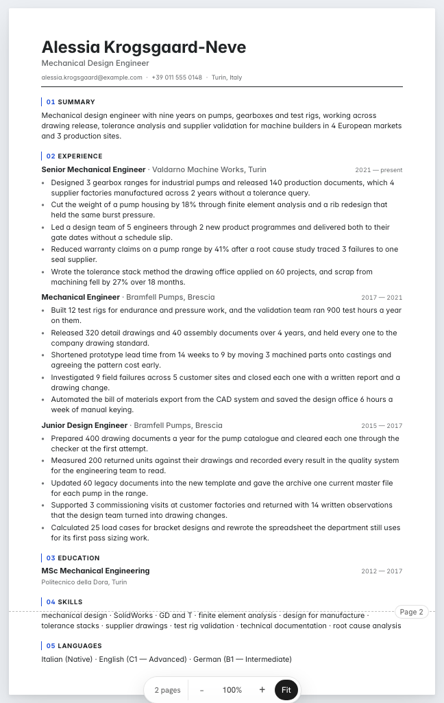 The mechanical engineer example résumé drawn as a complete page in the Architect design: name, summary, three dated roles with five lines under each, education, skills, languages