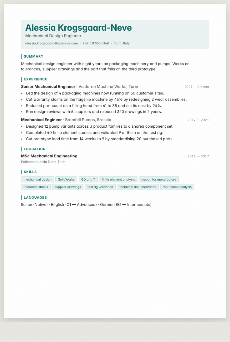 The mechanical engineer example résumé drawn as a complete page in the Nexus design: name, summary, the roles with their bullet lines, education and a skills row