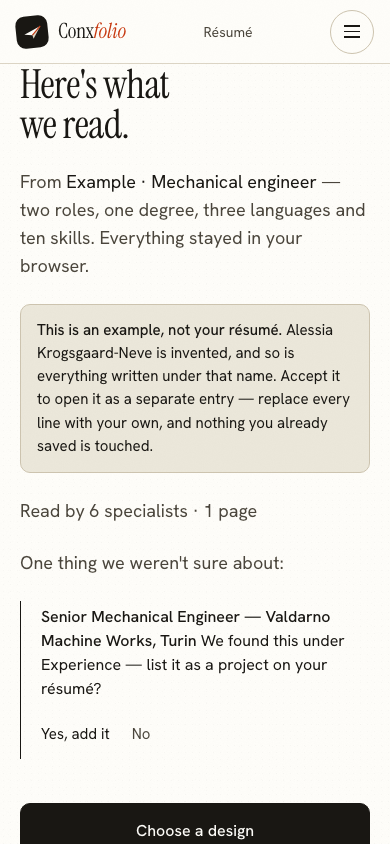 The same import review on a 390 pixel phone screen, with the example notice above the accept button