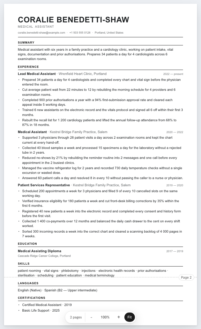 The medical assistant example résumé drawn as a complete page in the Classic design: name, summary, three dated roles with five lines under each, education, skills, languages