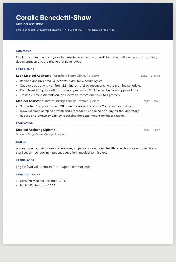 The medical assistant example résumé drawn as a complete page in the Zenith design: name, summary, the roles with their bullet lines, education and a skills row