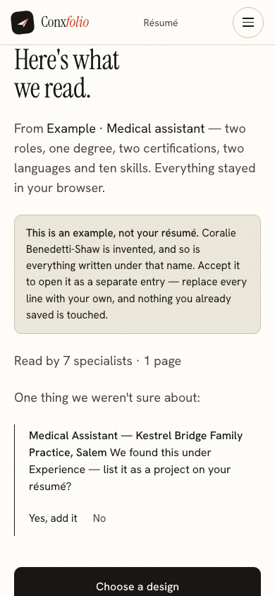 The same import review on a 390 pixel phone screen, with the example notice above the accept button