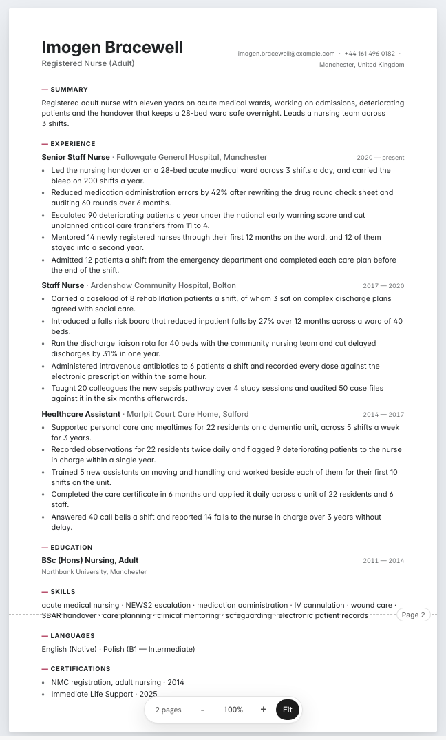 The nurse example résumé drawn as a complete page in the Bridge design: name, summary, three dated roles with five lines under each, education, skills, languages and registration