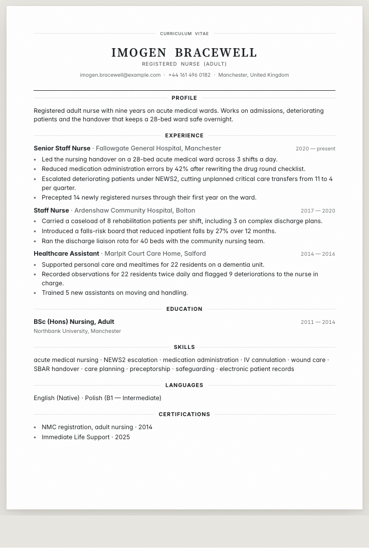 The nurse example résumé drawn as a complete page in the Letterhead design: name, summary, the roles with their bullet lines, education and a skills row