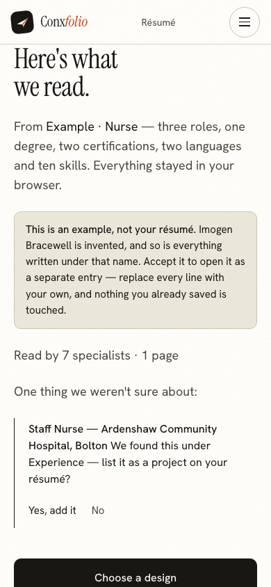 The same import review on a 390 pixel phone screen, with the example notice above the accept button