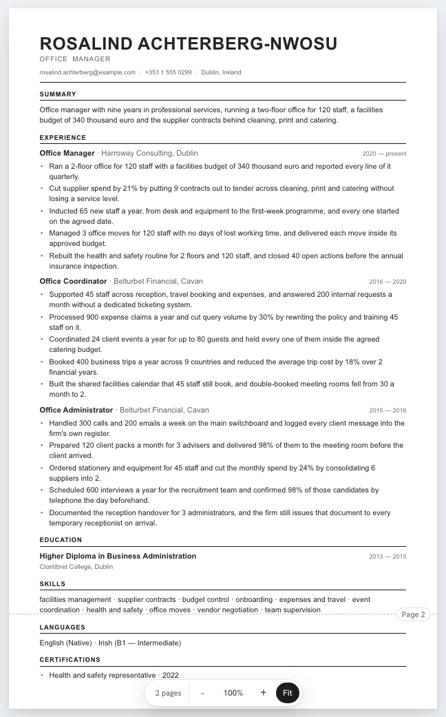 The office manager example résumé drawn as a complete page in the Classic design: name, summary, three dated roles with five lines under each, education, the certificate and a skills row