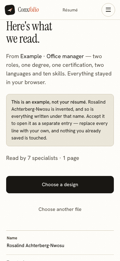 The same import review on a 390 pixel phone screen, with the example notice above the accept button